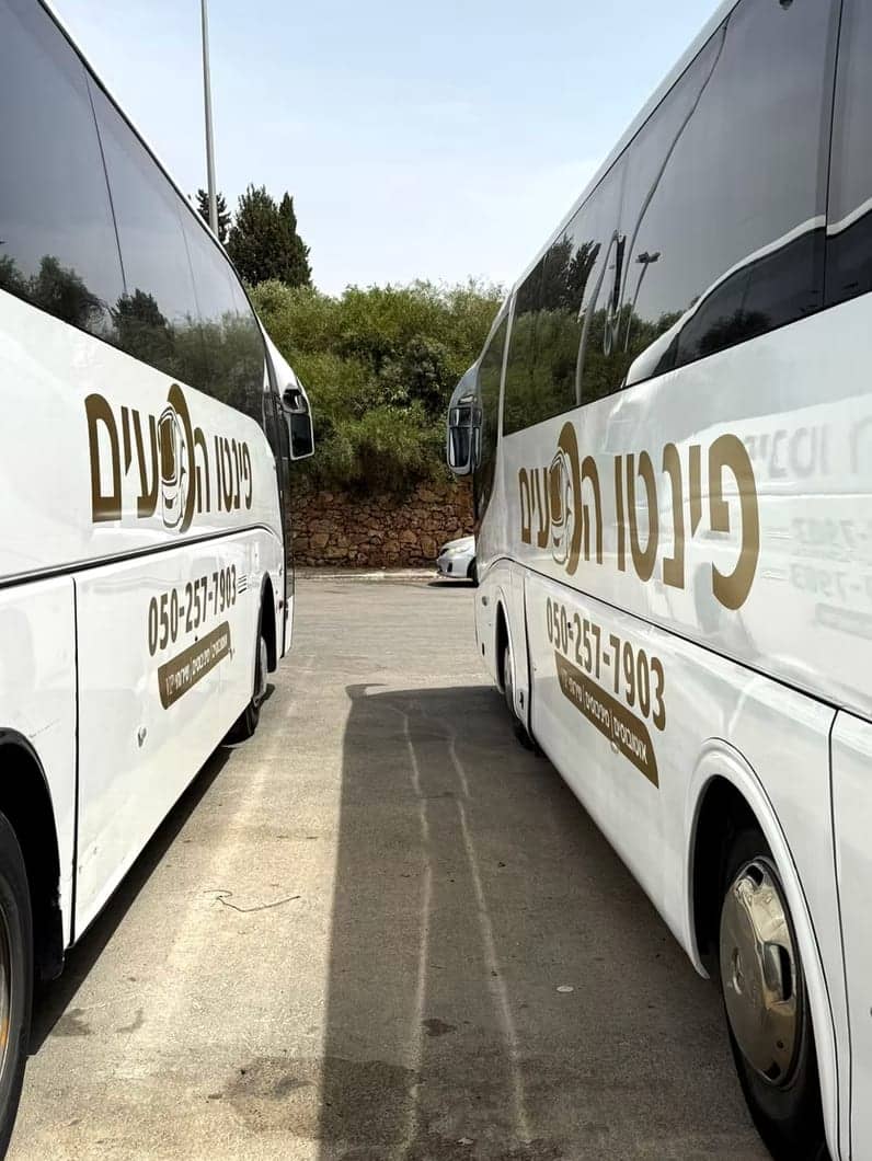 שני אוטובוסים של פינטו הסעים זה לצד זה